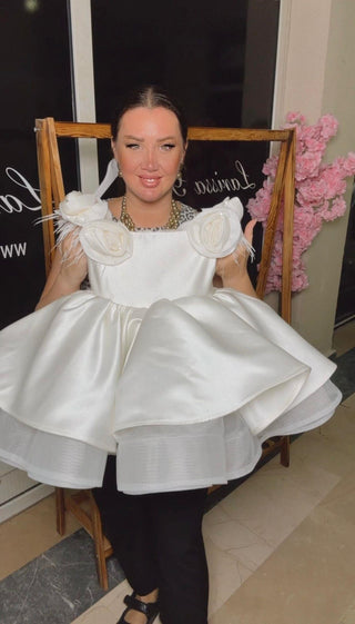 Royal Beyaz Kolları Çiçekli Kız Çocuk Abiye Elbise