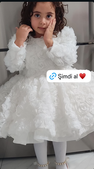 Vanessa Beyaz Uzun Kol Gül Kabartma Kız Çocuk Abiye Elbise