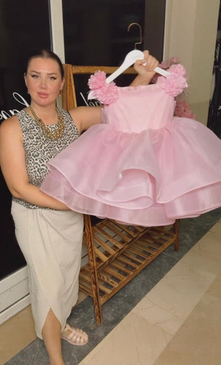 Royal Pembe Organze Kolları Çiçekli Kız Çocuk Abiye Elbise