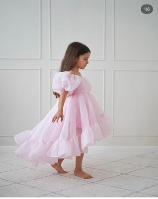 Elizya Pembe Organze Kumaş Kuyruklu Kız Çocuk Elbise