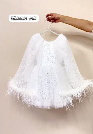 Swan Tüylü  Beyaz Kız Çocuk Elbise