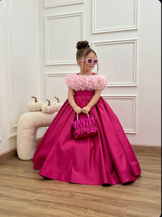 Fuşya Saten Uzun Omuz Organze Gül Kız Abiye Elbise