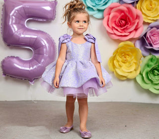 Ela Lila Kırma Taşlı Omuzları Kurdaleli  Elbise