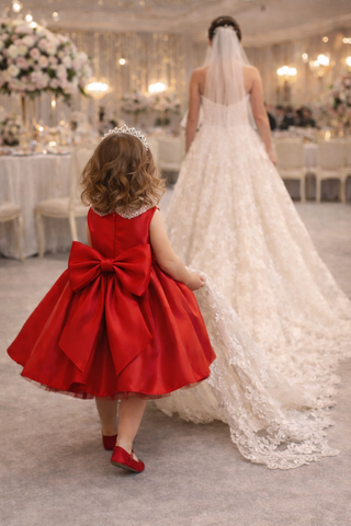 Kırmızı Saten Bebe Yaka Taşlı Kabarık Elbise