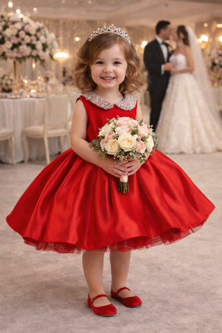 Kırmızı Saten Bebe Yaka Taşlı Kabarık Elbise