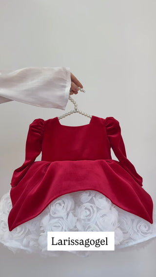 Perlina Kırmızı kadife Uzun kol Kız Çocuk Elbise
