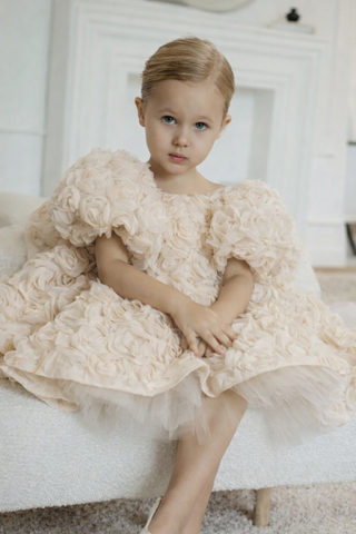 Manolya Krem Gül YuvarlakYaka Sırtı V Kız Çocuk Elbise