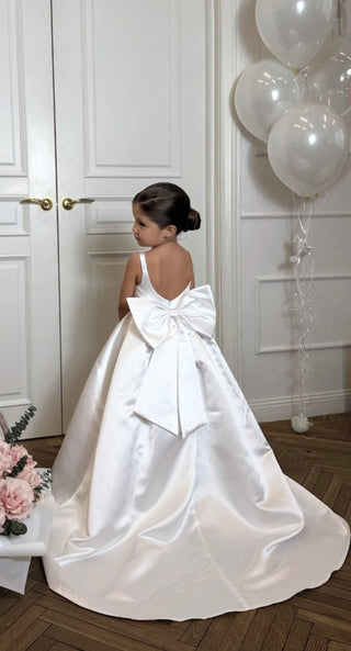 Elsa  Kırık Beyaz Saten Kuyruklu Kız Çocuk Gelinlik