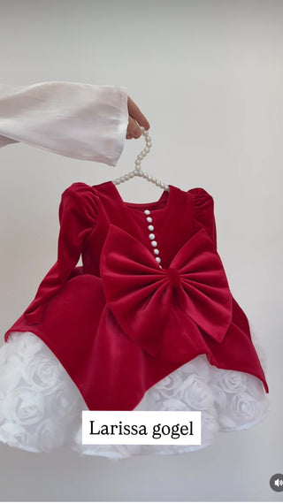 Perlina Kırmızı kadife Uzun kol Kız Çocuk Elbise