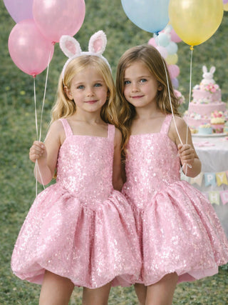 Pembe pul payet Askılı Balon Etek Elbise