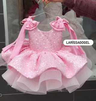 Ela Pembe Kırma Taşlı omuzları Kurdaleli  Elbise