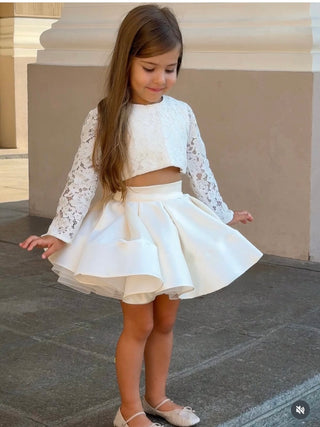 Beyaz Dantel Crop Sırt Detaylı Balon Etek Elbise