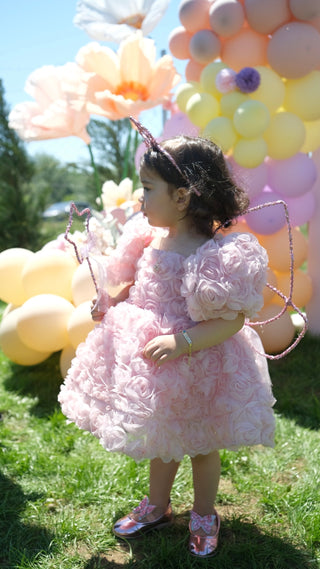 Manolya Toz Pembe Gül Kabartma Kız Abiye Elbise