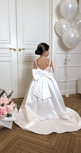 Elsa  Kırık Beyaz Saten Kuyruklu Kız Çocuk Gelinlik