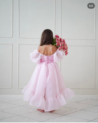Elizya Pembe Organze Kumaş Kuyruklu Kız Çocuk Elbise
