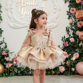 Ela Bej Kırma Taşlı Omuzları Kurdaleli  Elbise