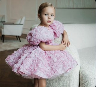 Manolya Pudra Gül YuvarlakYaka Sırtı V Kız Çocuk Elbise