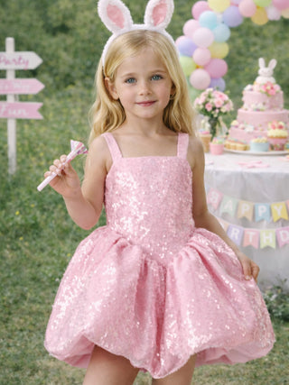 Pembe pul payet Askılı Balon Etek Elbise