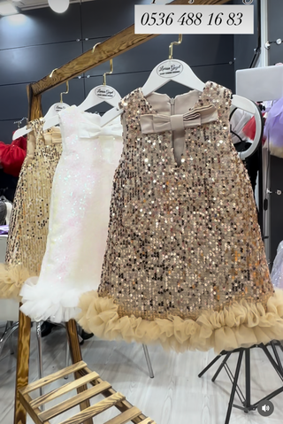 Gold Pulpayet kadife  Düz Kız Elbise