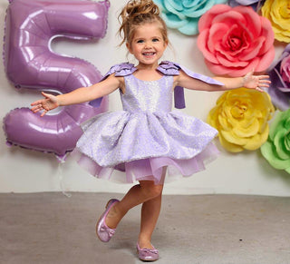 Ela Lila Kırma Taşlı Omuzları Kurdaleli  Elbise