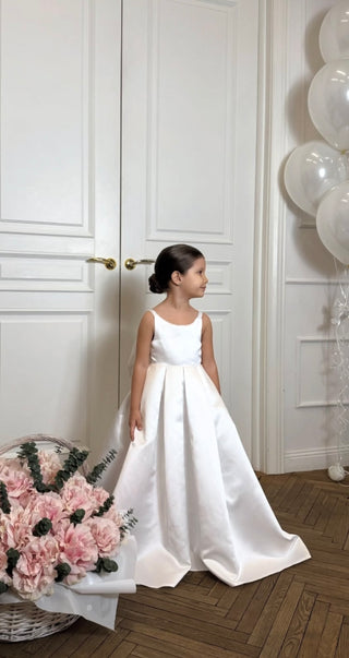 Elsa  Kırık Beyaz Saten Kuyruklu Kız Çocuk Gelinlik