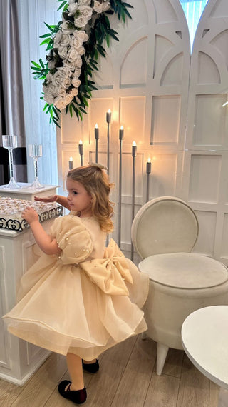 İncili Barbara Bej Renk Marul Etek Kız Çocuk Elbise