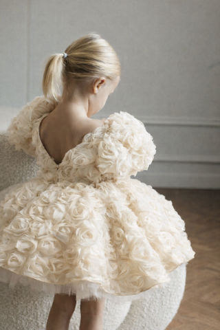 Manolya Krem Gül YuvarlakYaka Sırtı V Kız Çocuk Elbise