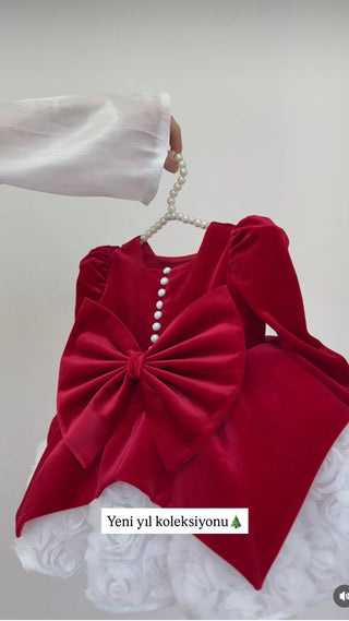 Perlina Kırmızı kadife Uzun kol Kız Çocuk Elbise