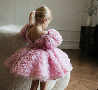 Manolya Pudra Gül YuvarlakYaka Sırtı V Kız Çocuk Elbise