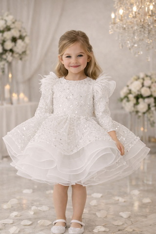 Vanessa Taşlı Beyaz Uzun kol omuzları tüy aksesuarlı elbise