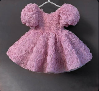 Manolya Pudra Gül YuvarlakYaka Sırtı V Kız Çocuk Elbise