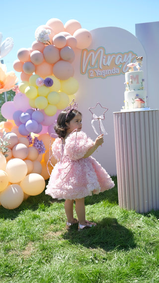 Manolya Toz Pembe Gül Kabartma Kız Abiye Elbise