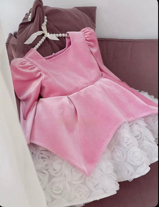 Perlina Pudra kadife Uzun kol Kız Çocuk Elbise