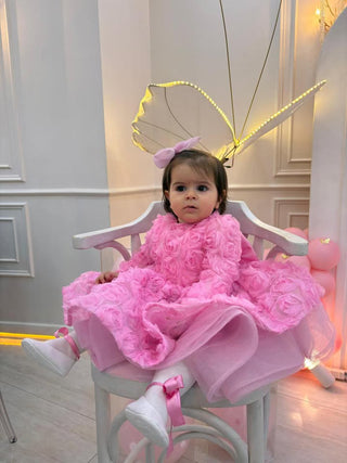 Vanessa Pembe Uzun Kol Gül Kabartma Kız Çocuk Abiye Elbise