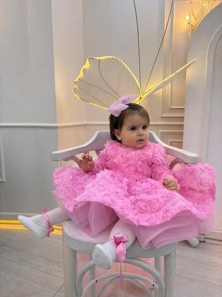 Vanessa Pembe Uzun Kol Gül Kabartma Kız Çocuk Abiye Elbise