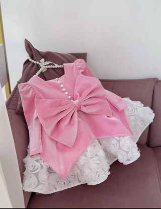 Perlina Pudra kadife Uzun kol Kız Çocuk Elbise