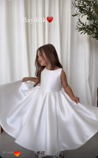 Elsa Midi Boy SIRT V Beyaz Saten Abiye Elbise