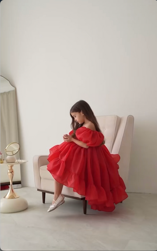 Elizya Kırmızı Organze Kumaş Kuyruklu Kız Çocuk Elbise