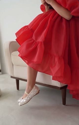 Elizya Kırmızı Organze Kumaş Kuyruklu Kız Çocuk Elbise