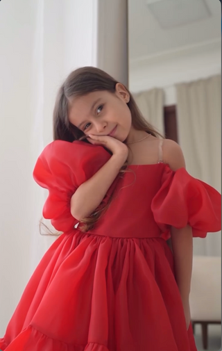Elizya Kırmızı Organze Kumaş Kuyruklu Kız Çocuk Elbise