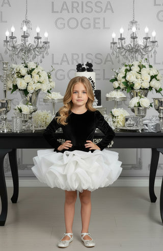 Lolina Siyah Saten Uzun Kol Kız Çocuk Elbise