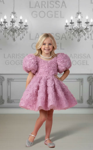 Manolya Pudra Gül YuvarlakYaka Sırtı V Kız Çocuk Elbise