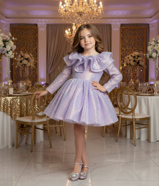 Milano Lila Çift Valon Uzun Kol Elbise